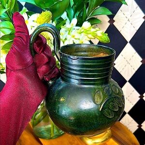 Vintage Mexican Folk Pottery Chocolate Jug – Green Glaze Floral Motif Handmade